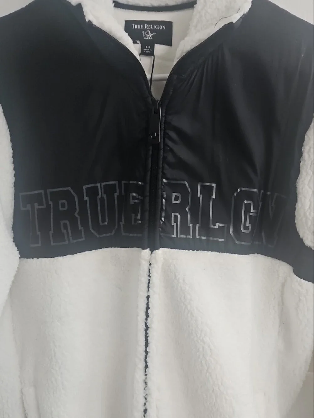 True Religion Black and White Sherpa Zip-Up Jacket